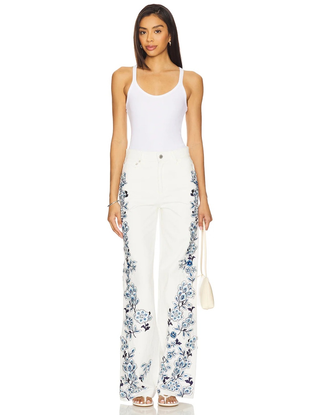 Alice + Olivia White Blue Floral Embroidered Wide Leg Jeans